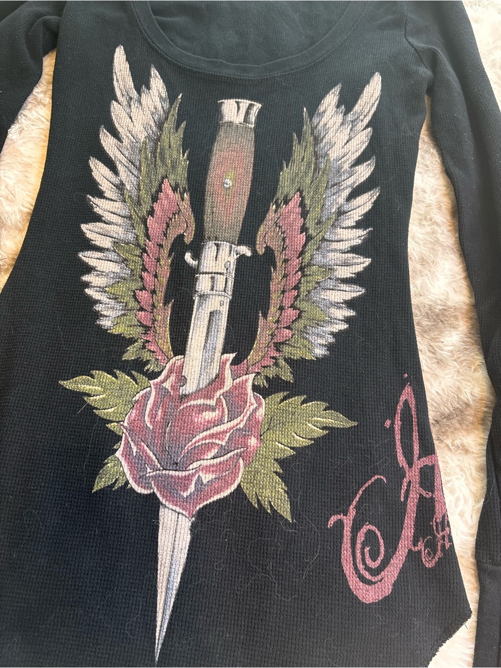 Rare VintageY2K Hustler Black Long Sleeve Graphic Tee with Rose & Dagger - Picture 7 of 8